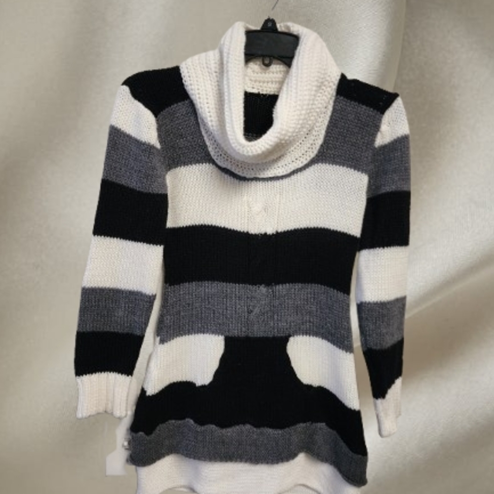 Style & Co. Black, Gray, and White Striped Cowl Neck Sweater